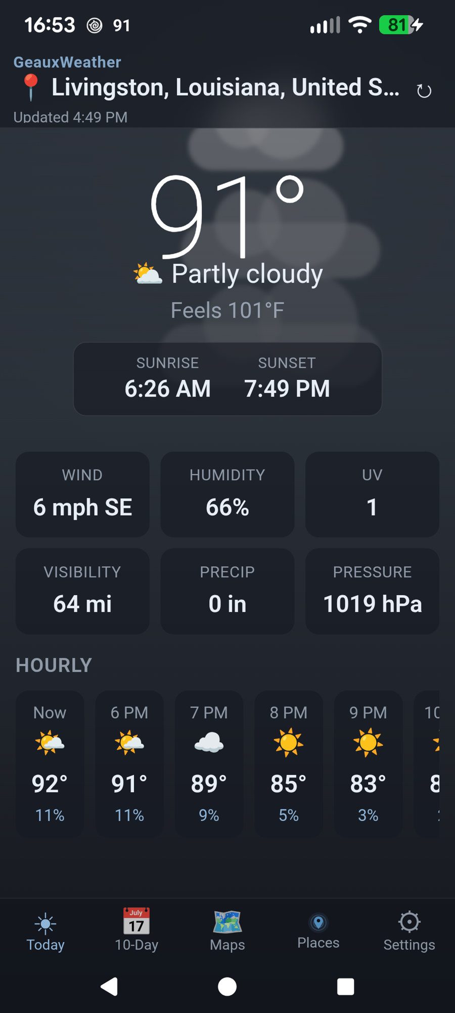 Today — current conditions in Livingston, Louisiana