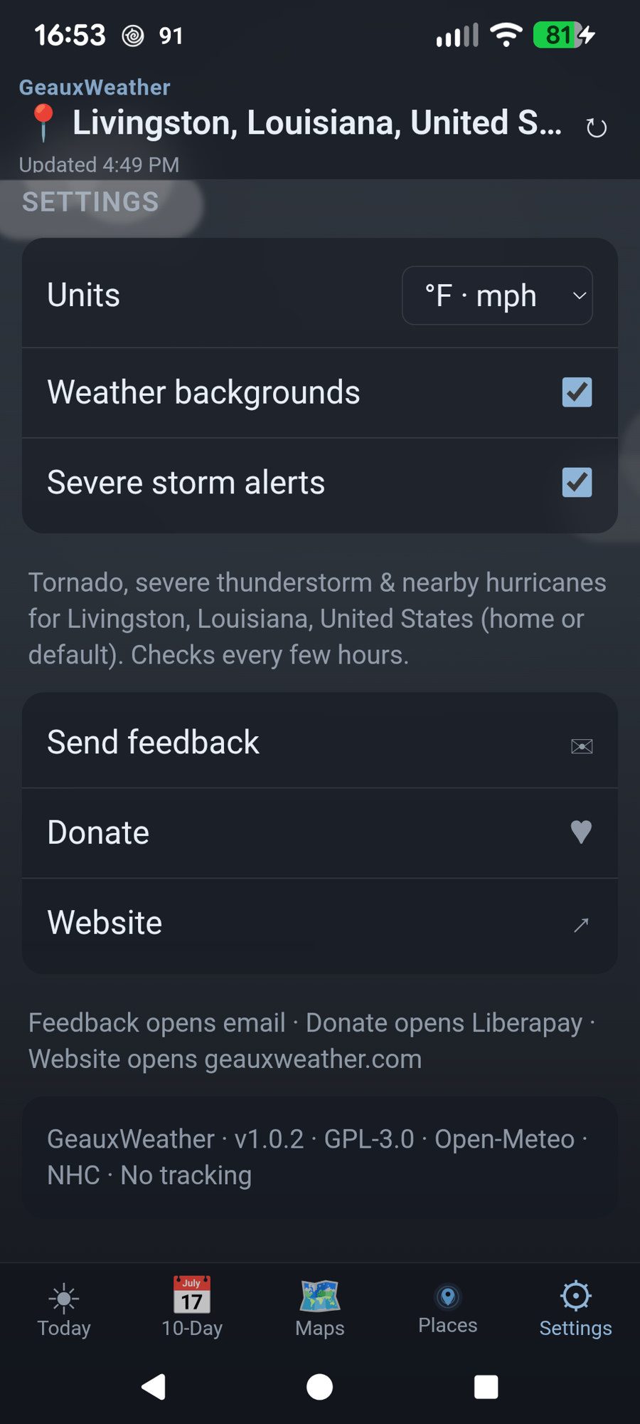 Settings — units, backgrounds, alerts, website